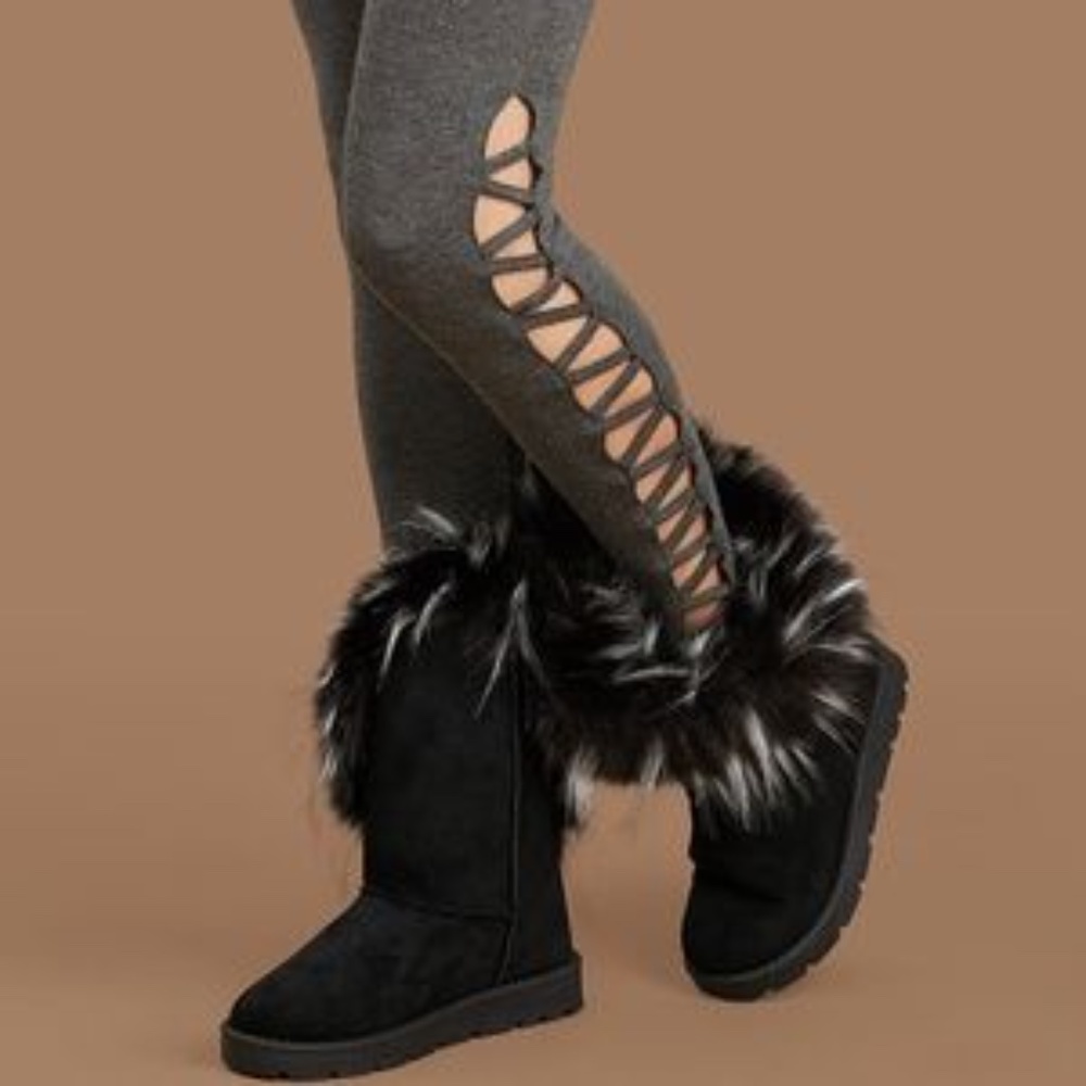 Asymmetrical Faux Fur Pull On Boots in Black - Picture 6 of 9